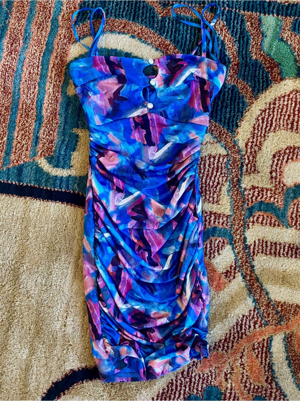 Windsor Blue & Pink Abstract Ruched Slip Dress
